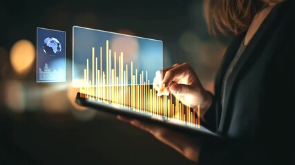 Businesswoman using digital tablet with glowing financial charts, concept of fintech, market analysis - Powered by Adobe