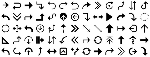 Arrow Navigation Symbol Set. Bold Directional Icons with U-Turn, Curved, Looping, Zigzag, and Pixel Arrows for Interface Control, UI Design, and Web Navigation Elements