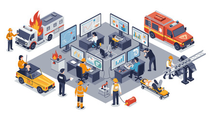 Obraz premium Emergency response team vector illustration: isometric design for posters and educational material