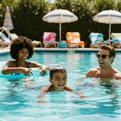 Family enjoying swimming pool summer vacation