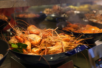 Nautical themed buffet table with seafood platters, decorations, and maritime details. High quality 4k footage