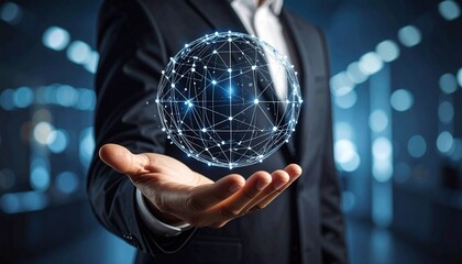 A three-dimensional sphere composed like space on the hand of a blurred man in a suit