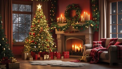 A warm and cozy living room decorated for Christmas. A tall, beautifully decorated Christmas tree stands beside a fireplace adorned with pine garlands, golden ornaments, and candles. Soft lighting fro
