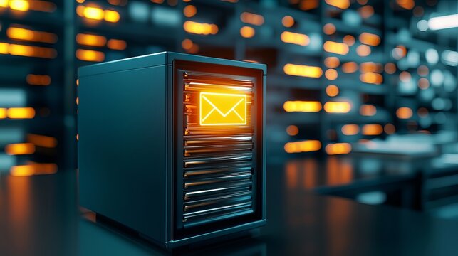 A futuristic server unit with an illuminated envelope symbol, representing advanced technology and data communication.