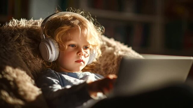Cute child in headphones using laptop for educational or entertainment purposes, se