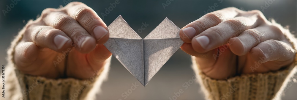 Poster Hands Gently Holding a Paper Folded Heart Surrounded by Soft Shadows in a Serene Outdoor Setting