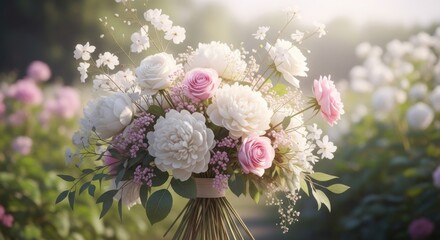 A Beautiful Bouquet of White and Pink Flowers in a Garden Setting with Soft Sunlight