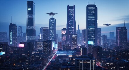 Futuristic Cityscape with Flying Vehicles and Neon Lights at Dusk