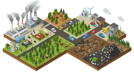 Environmental impact and industrialization vector illustration: isometric design for educational posters