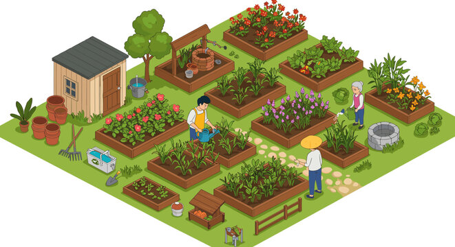 Community gardening scene vector illustration in isometric style for eco-friendly design