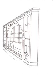 Black and white sketch of a bespoke joinery shelving unit.