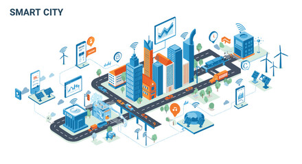 Smart city vector illustration - modern infrastructure and technology in isometric style for digital design