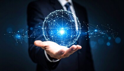 A three-dimensional sphere composed like space on the hand of a blurred man in a suit