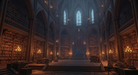 Obraz premium Grand Medieval Library Hall with Tall Arched Windows and Illuminated Bookshelves