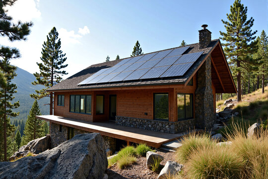 Modern rustic cabin with solar panels installed on the roof, nestled in a mountain forest and promoting a sustainable, off-grid lifestyle with renewable energy, blending modern green technology - Powered by Adobe