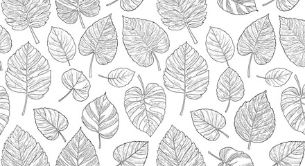 Tropical leaves pattern vector illustration - line art design for background and textile decor