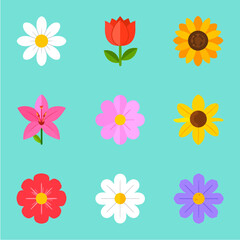 A grid of nine colorful simplistic flower icons on a light blue background Each flower has a distinct color and petal shape