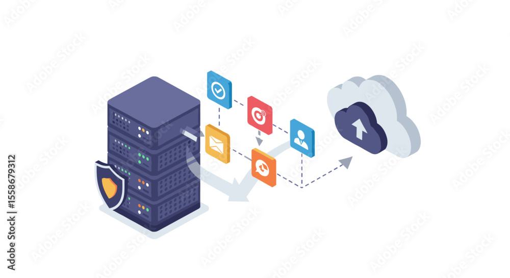 Poster isometric data security vector illustration for cloud backup and data transfer