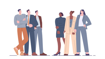 Confidence people. Male female business teams, opposites or rivals. Office men vs women, political confrontation characters, vector scene