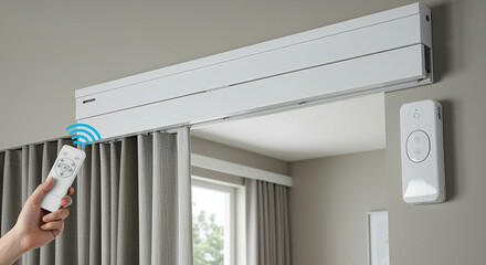 A person using a remote to control automatic curtain system with white track and gray drapes
