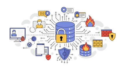 Cyber security concept with data protection elements in flat vector illustration for poster or web design