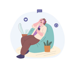 Girl relaxing in chair with headphones. Young female characters listen music or podcast, rest at home in weekend alone. Full relax, vector scene