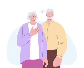 Elderly couple in love. Romantic relationship in old ages, grandparents together. Activity lifestyle on retire, flirting, meeting and dating, vector characters