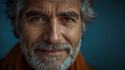 Obraz premium Close-up portrait of smiling elderly man with gray beard blue backgrou