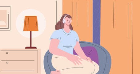 Young woman sitting at home and looking outside in window. Rainy day, girl listen music in headphones in cozy chair in living room, vector scene