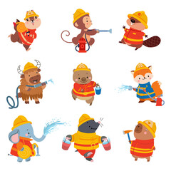 Firefighters animals. Cartoon animal in uniform with buckets, emergency hose with water. Elephant, fox, monkey extinguish flame, nowaday vector set