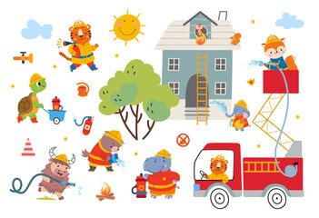 Animals firefighters. Funny animal firemen extinguish flame and rescue characters from burning home. Firetruck, watering house from emergency hose, nowaday vector scene