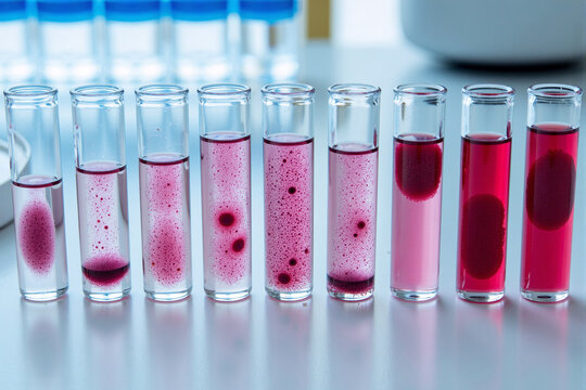 Row of test tubes with red blood samples showing sedimentation in a medical laboratory rack, used for hematology analysis, clinical diagnostics, scientific research, and developing new healthcare