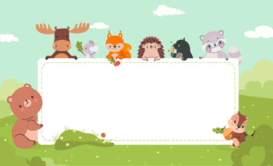 Childish empty banner with animals. Funny bear fox hedgehog raccoon holding board with space for text. Nature characters, valley landscape nowaday vector scene