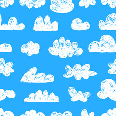 Chalk clouds seamless pattern. White cloud crayon doodle style drawing. Children design, weather nature print for fabric, wallpaper, neoteric vector background