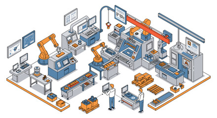 Obraz premium Automated factory production line vector illustration for technology design in isometric style