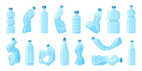 Cartoon crumpled bottles. Plastic trash, crush water containers. Broken and disposable flasks, empty packages for beverages, neoteric vector clipart