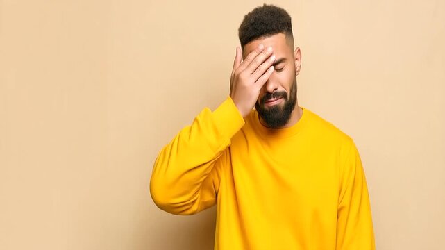 Frustrated man in yellow shirt holding hand to forehead, expression of mistake, regret, or realization 