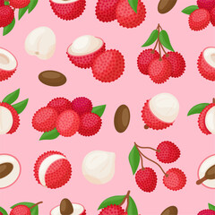 Lychee seamless pattern. Bright exotic fruits with leaves, whole and cut. Sweet vitamin fruit print for wrapping fabric design, neoteric vector background