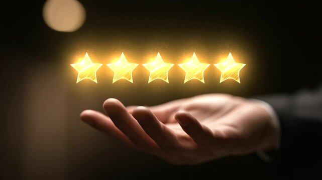 Hand presenting five golden stars in a dark environment, symbol of top-tier rating, trust and excellence in business performance and service 5-star feedback, excellence symbol, top