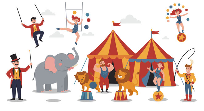Whimsical circus performance vector illustration for fun event designs in flat style