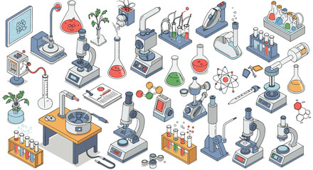 Science laboratory instruments vector illustration: educational design for poster, flat isometric style