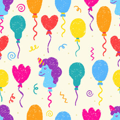 Balloon seamless pattern. Crayon drawing colorful balloons, heart and unicorn. Children style, print for fabric, wrapping, wallpaper. Neoteric vector background