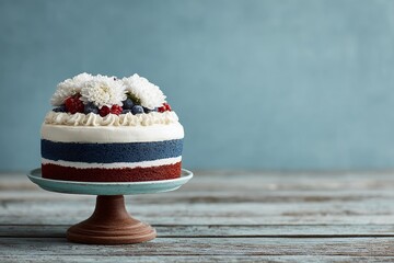 Patriotic layer cake with red white and blue colors decorated with flowers for elegant independence day celebration