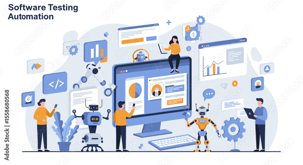 Poster software testing automation vector illustration - flat design for tech development concept