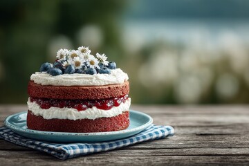 Rustic Independence Day berry cake with whipped cream and daisies served for backyard celebration