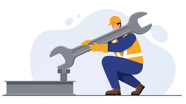 Cartoon construction worker kneeling to tighten metal bolt using large wrench