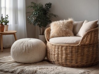 Wicker pouf near white sofa with fur pillows and woolen blanket