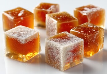 Colorful and Vibrant Sugar-Coated Gelatin Cubes on a White Background, Perfect for Food Photography and Culinary Presentations