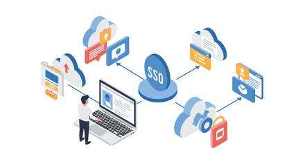 Secure single sign-on vector illustration: cloud computing concept for web security design in isometric style