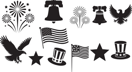 Black And White Silhouette Graphics American Flag Eagle Fireworks Liberty Bell Uncle Sams Hat Stars Patriotic